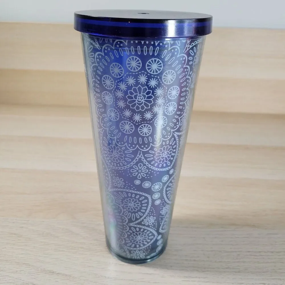 Starbucks Blue & White Floral Cup Venti 24oz Tumbler Lid Travel Cold Coffee Mug